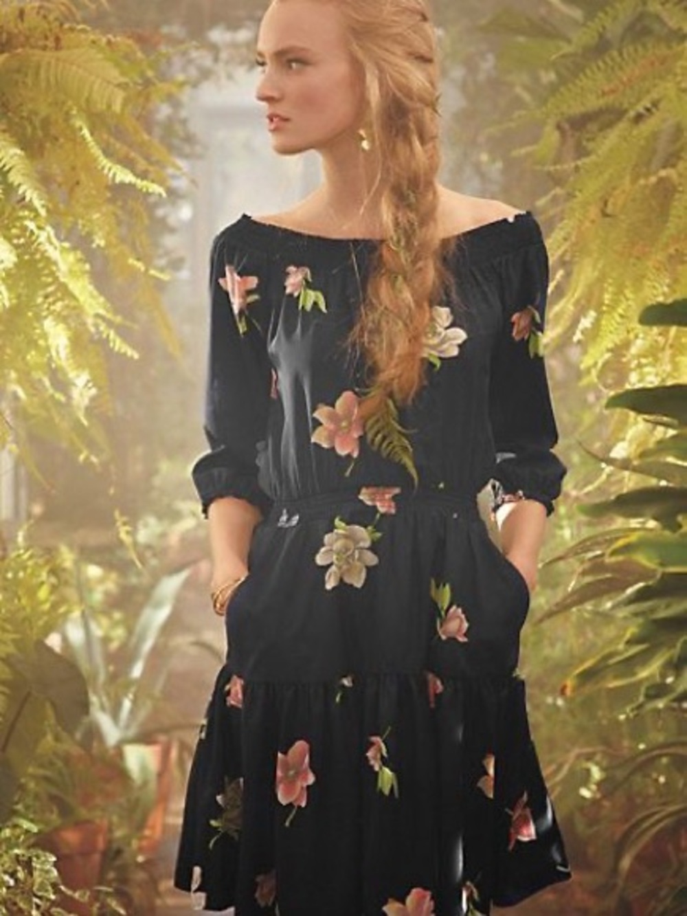 Anthropologie Black Floral One-Shoulder Tiered Dress